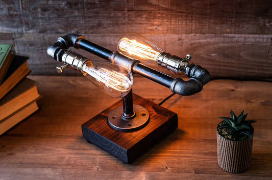 Steampunk 2'li Masa/Gece Lambası Rustik Atölye